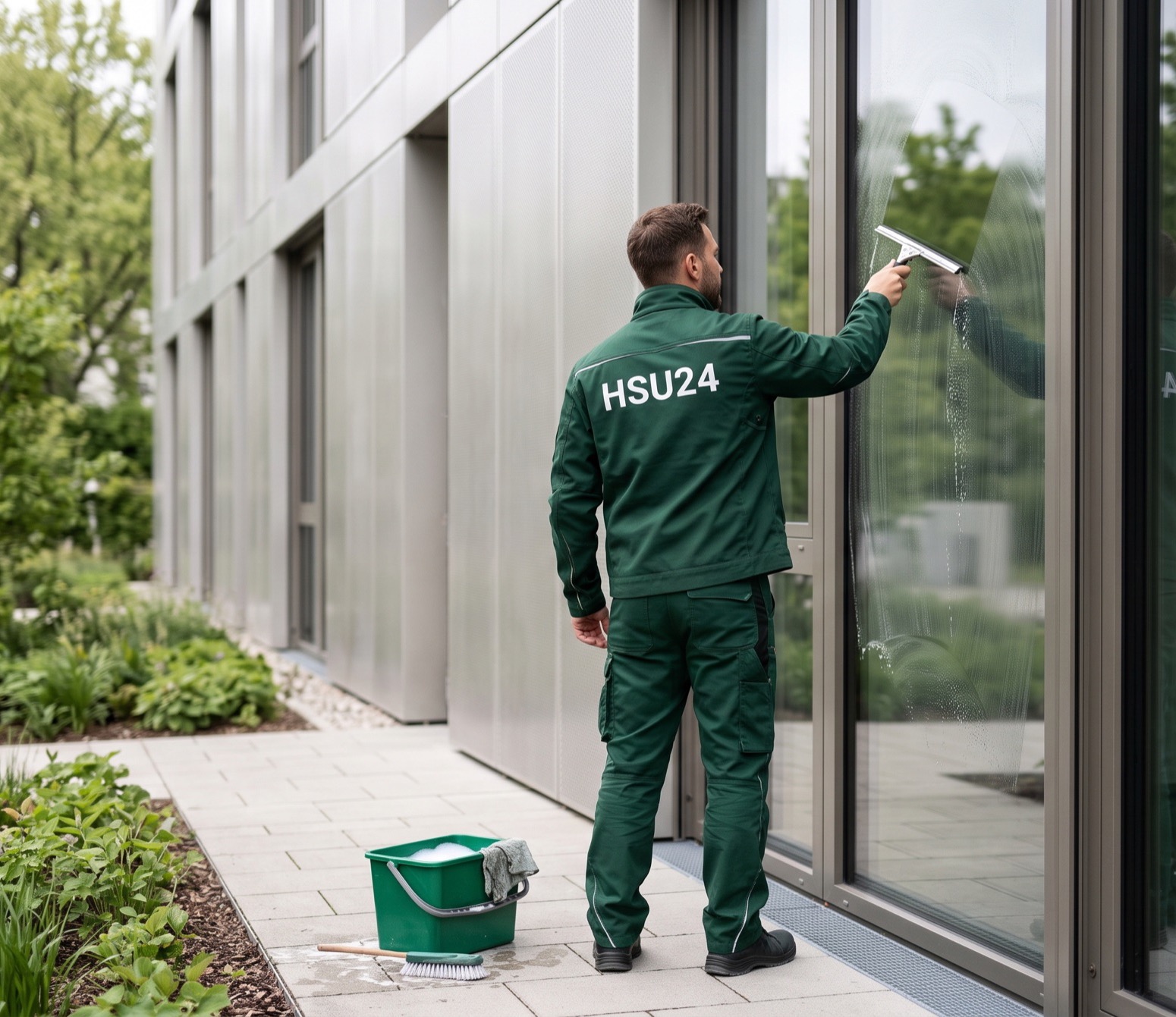 HSU24 Gebäudereinigung — Fensterreinigung vor Ort HSU24-Mitarbeiter bei der Fensterreinigung